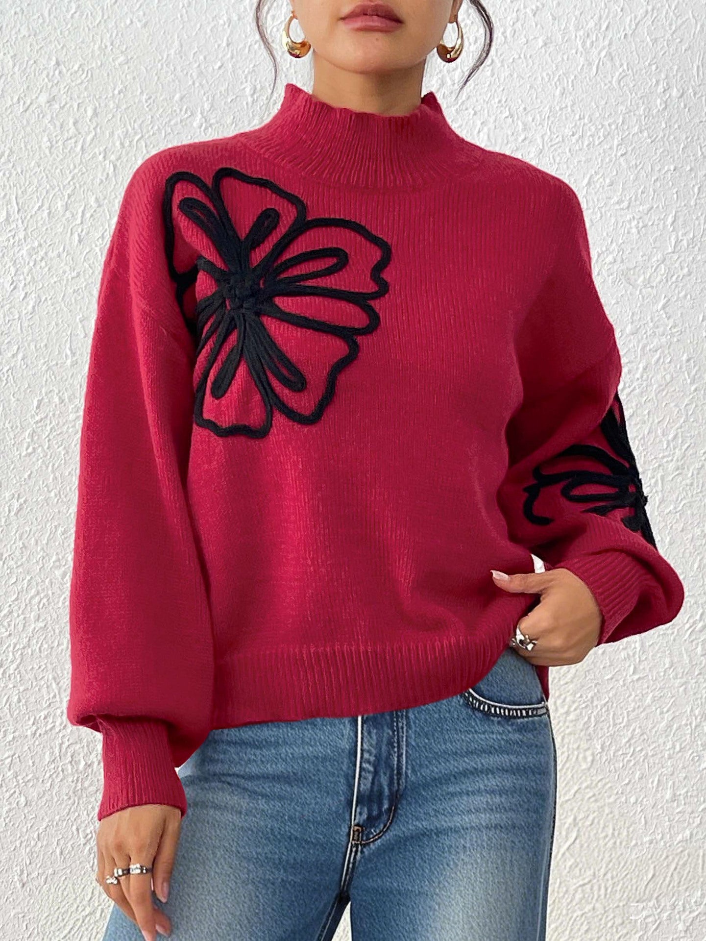 Women's Three-dimensional Ribbon Embroidery Flower Mock Neck Sweater