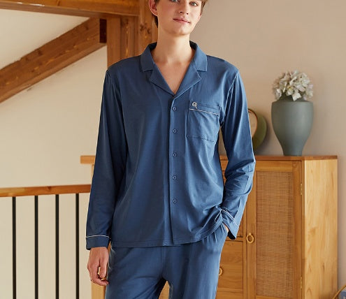Couple Lapel Long Sleeve Knitted Modal Cotton Pajamas