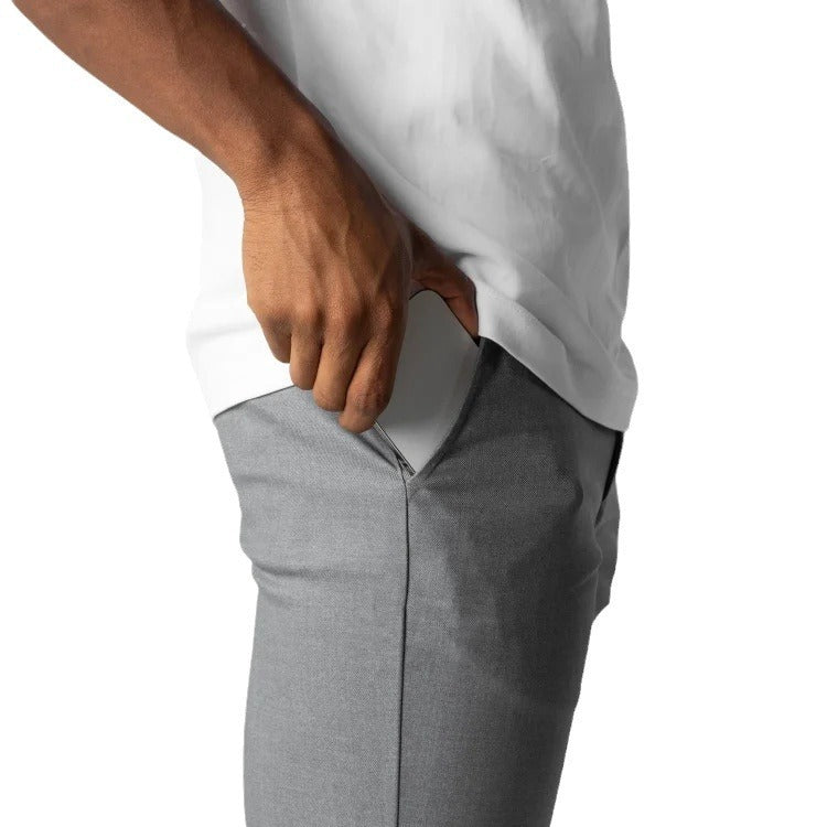 Comfortable Solid Color Pants Elegant Slim Fit Men's Business Trousers With Elastic Waist Button Closure Pockets