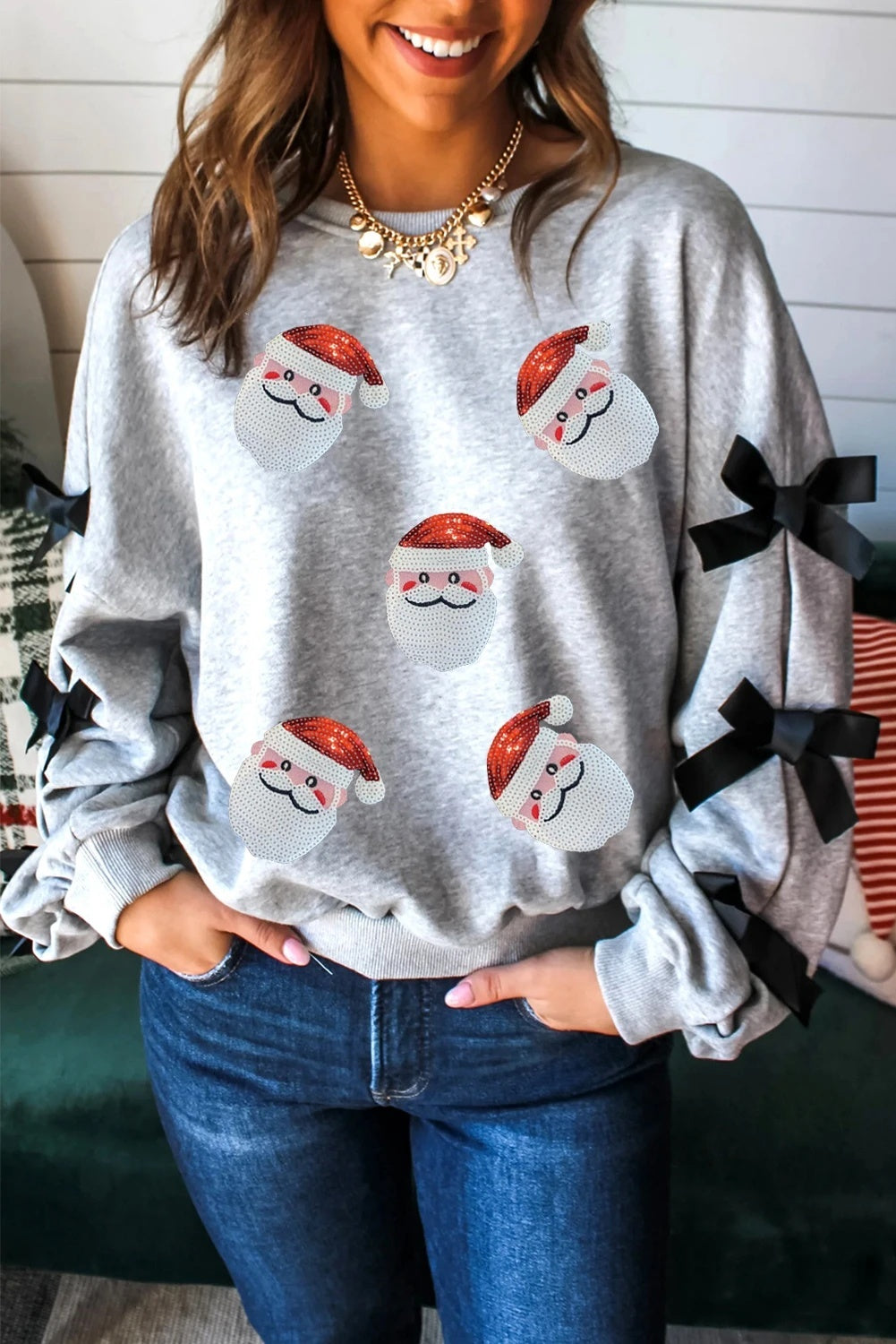 Car Sequin Shining Patch Ribbon Slit Long Sleeve Women