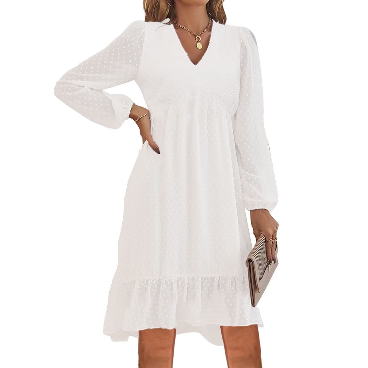 Spring And Summer V-neck Long-sleeved A- Line Skirt Dress Women