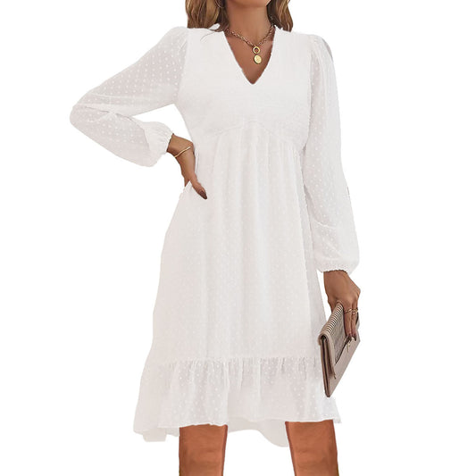 Spring And Summer V-neck Long-sleeved A- Line Skirt Dress Women