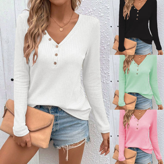 Waffle V-neck Buttons Long Sleeve T-shirt
