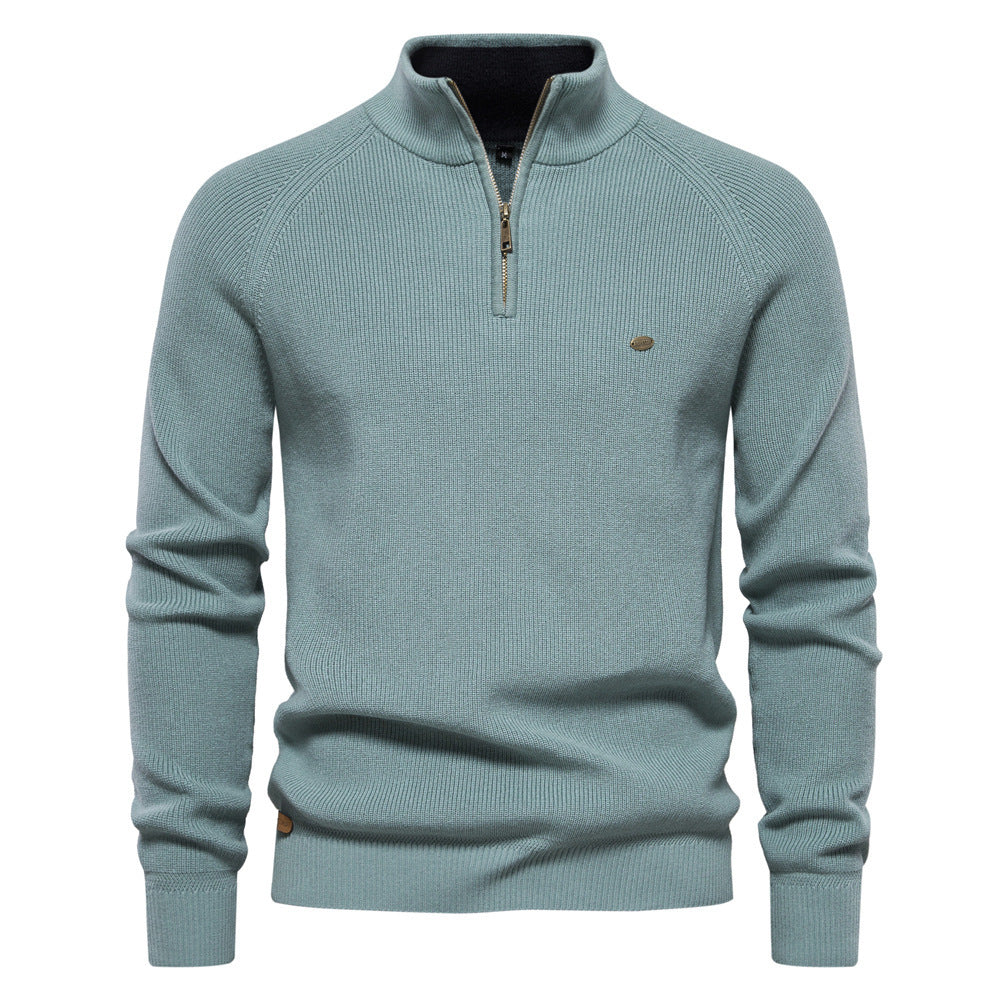 Men's Zipper Stand Collar Knitted Sweater Fashion Slim Solid Color Long Sleeve Half Turtleneck Top Men's Clothing