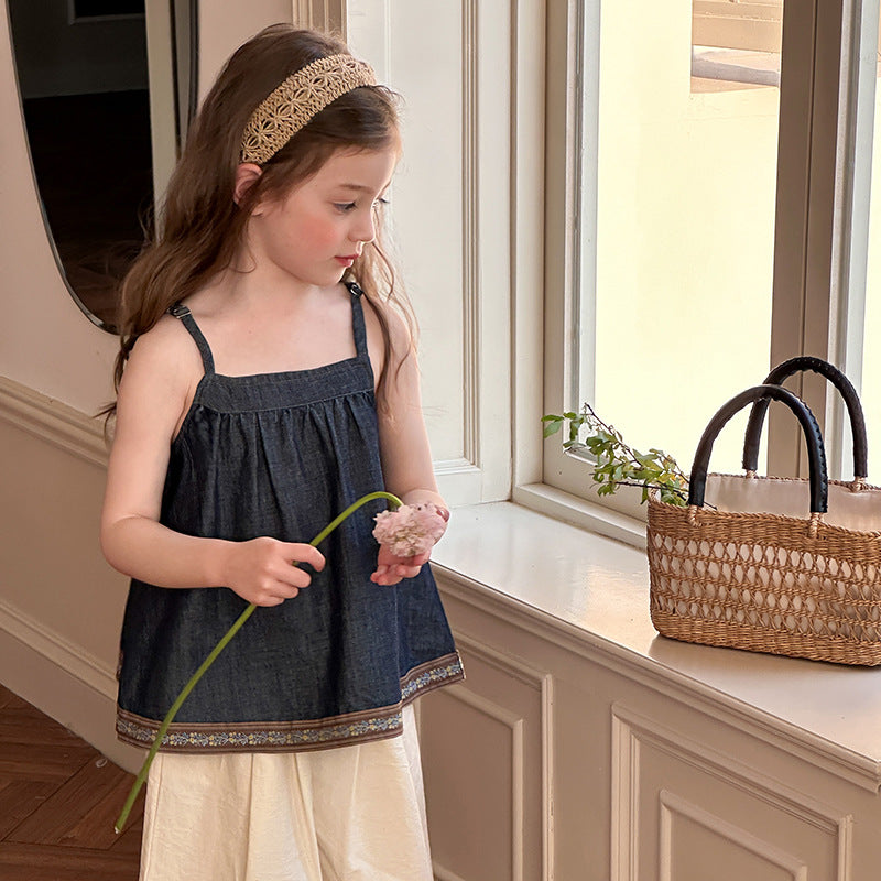 New Retro Patchwork Jean Sun-top Fashionable Vacation Style Sleeveless Top