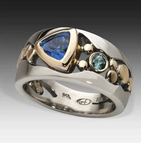 Elegant Two Tone 925 Silver Rings for Women Blue Sapphire Ring Size 6-10