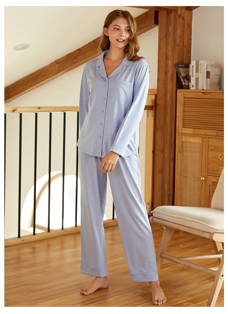 Couple Lapel Long Sleeve Knitted Modal Cotton Pajamas