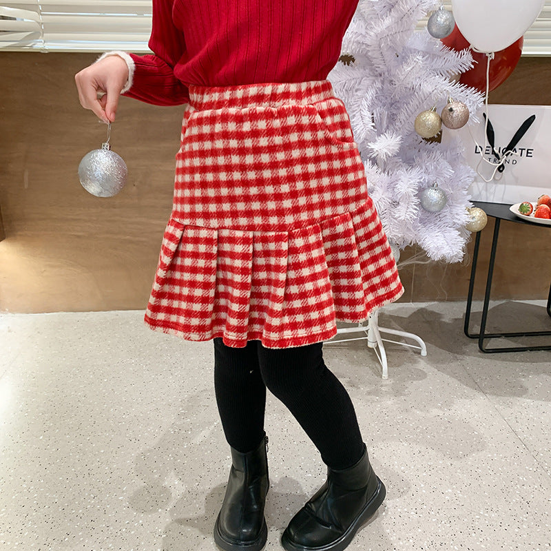 Baby Christmas Woolen Plaid Pleated Skirt