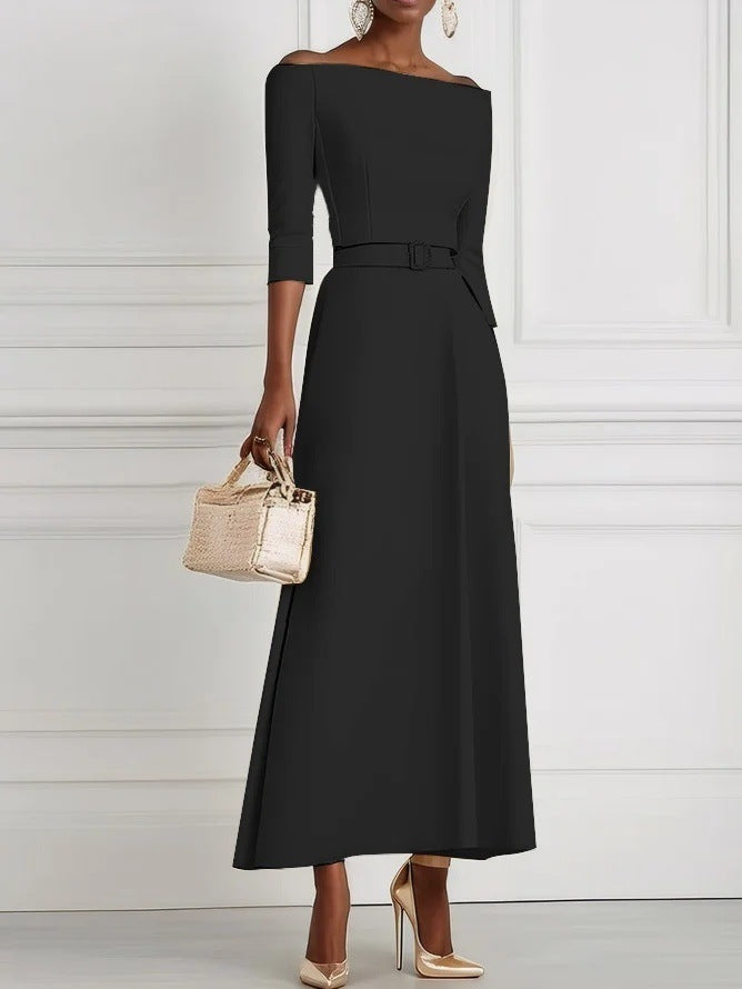 Solid Color Fashion Temperament Waist-controlled Off-shoulder Dress For Women
