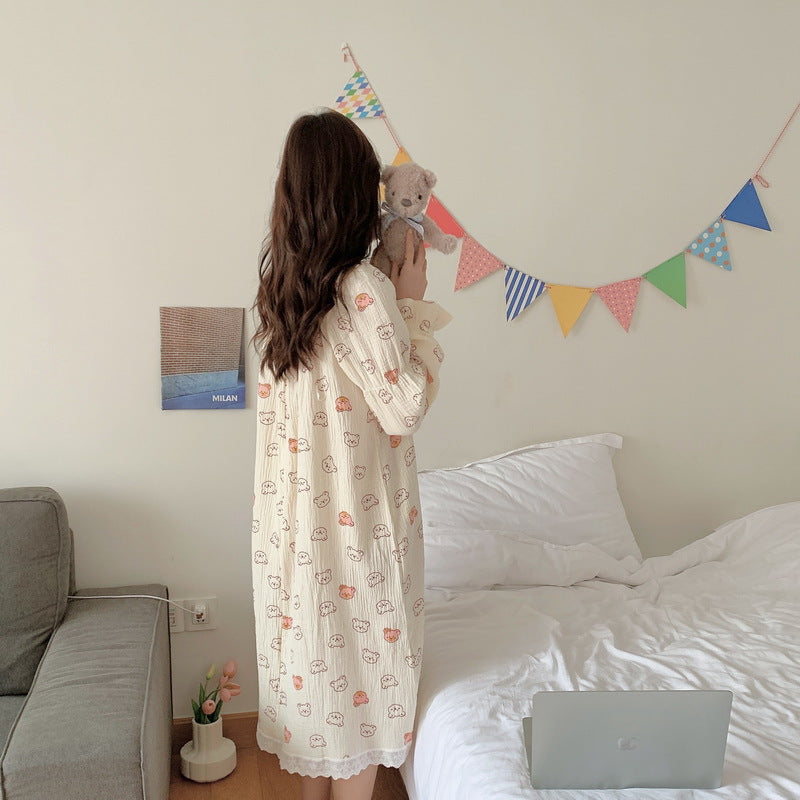 Cute Cartoon Bear Cotton Yarn Nightdress Women's Homewear