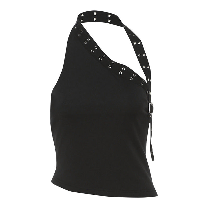 Unique One-shoulder Midriff-baring Top Rivet Tassel Shorts