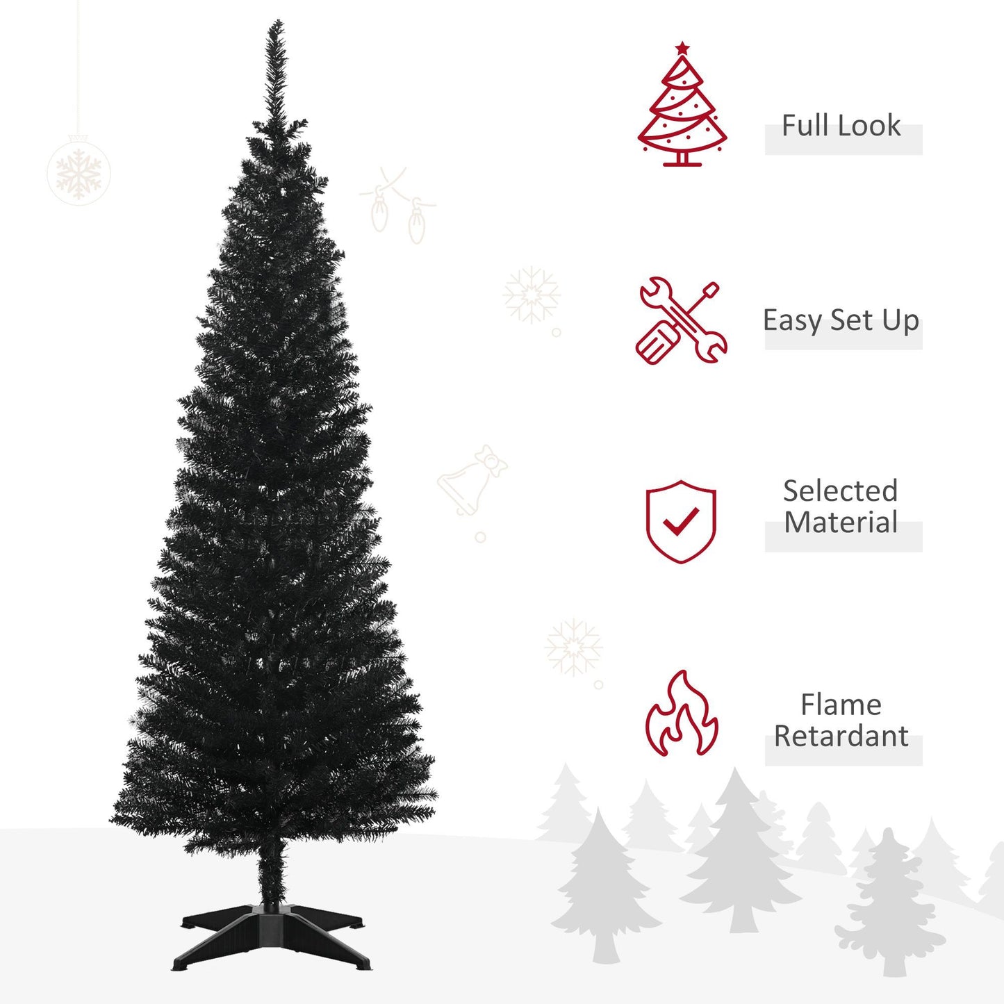 5FT Artificial Christmas Tree, Pencil Christmas Tree With Realistic Branches, Stable Stand, Black