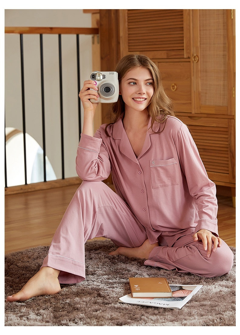 Couple Lapel Long Sleeve Knitted Modal Cotton Pajamas