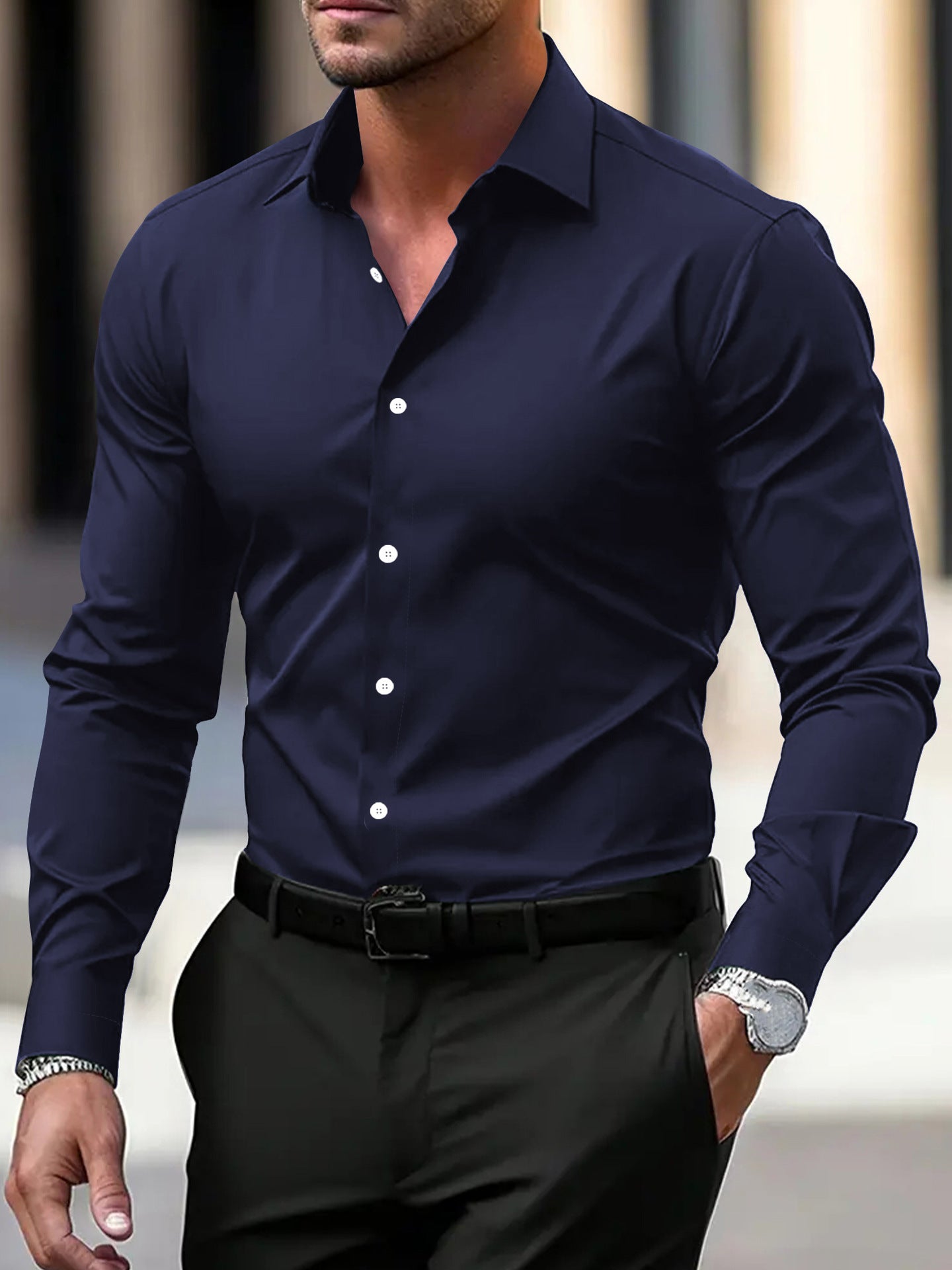 Men's Shirt Business Button Down Shirt Summer Solid Color Long Sleeve Lapel Vacation Shirt Fashion Temperament Casual Tops