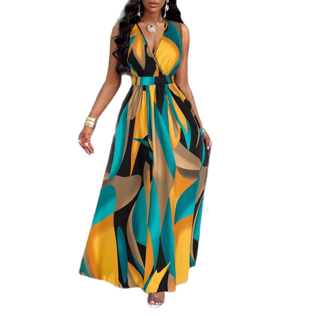 Tropical Printing V-neck Waist Twist Knitted Slim Fit Flare Skirt