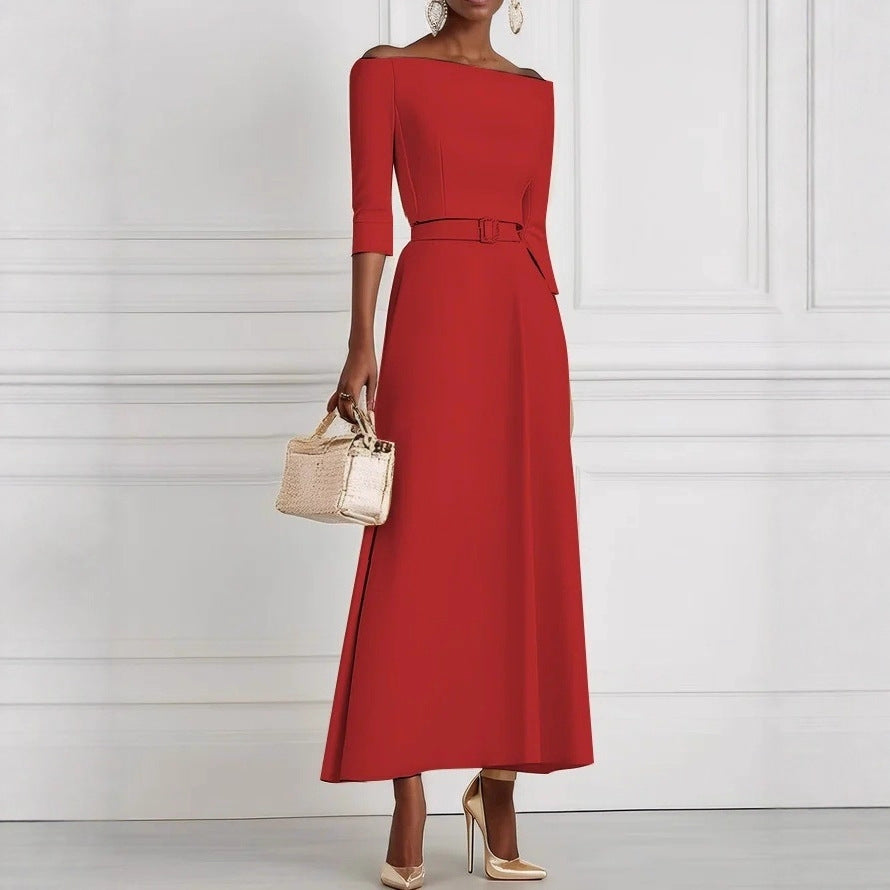 Solid Color Fashion Temperament Waist-controlled Off-shoulder Dress For Women