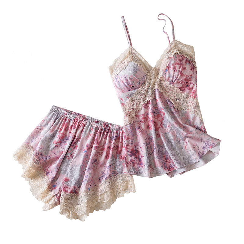 Summer Pajamas Women's Thin Ice Silk Slip Nightdress Lace Edge Printed Homewear With Chest Pad