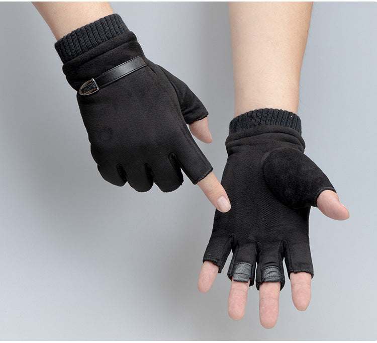 Men's Plush Outdoor Suede Fingerless Sports Warm Gloves