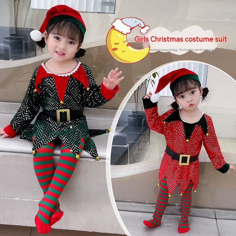 Children's Elf Sequins Dress Christmas Theme Suit