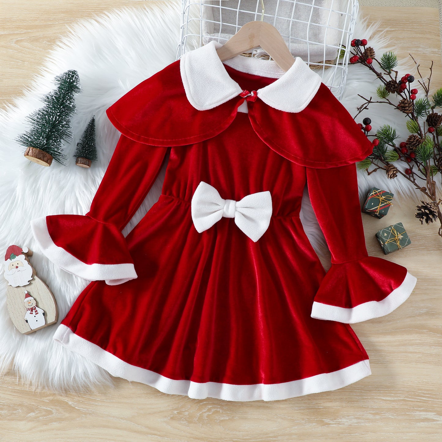 Christmas Cute Solid Color Cloak Bow Dress