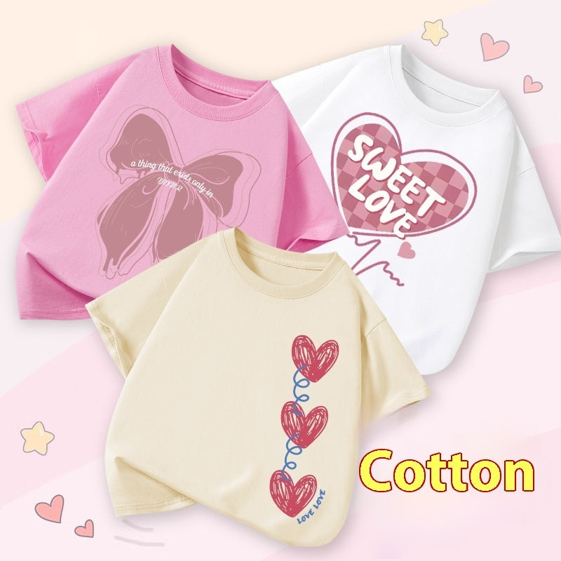 Western Style Top Middle And Big Children's Summer Wear Girls' Round Neck Sweet Style