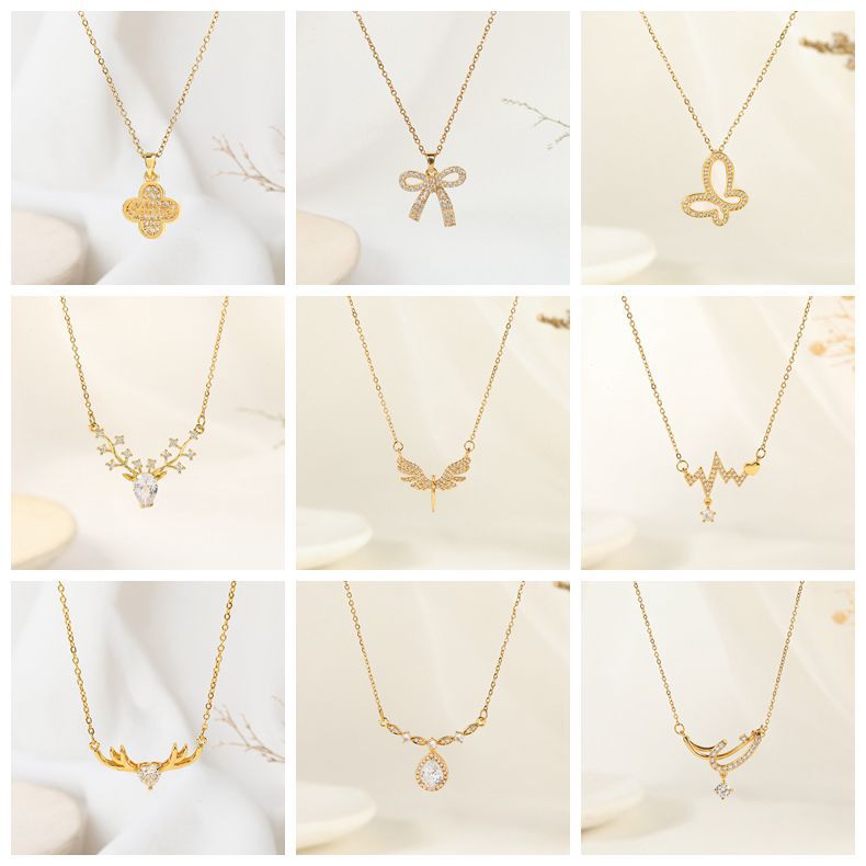 Titanium Steel Five-pointed Star Butterfly Wings Four-leaf Clover Inlaid Zircon Pendant Necklace
