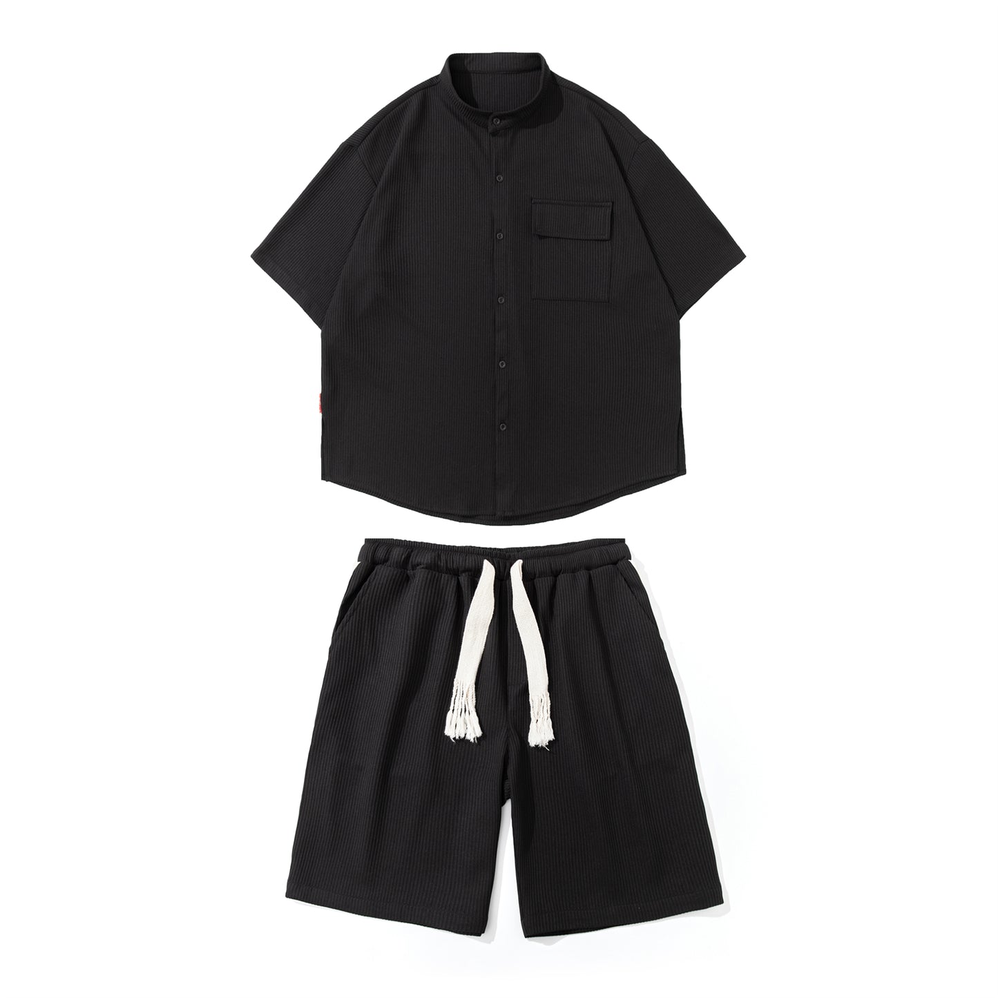 Men's Ice Silk Hanging Suit Men's Solid Color Short-sleeved Shirt Draw Rope Shorts Two-piece Men's