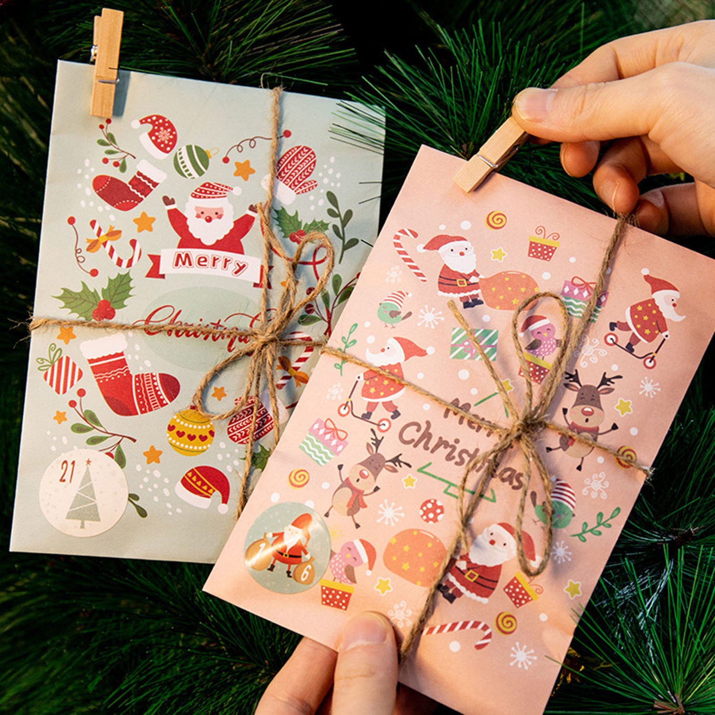 48 Pack Christmas Advent Calendar Bags Kit Envelope Shape Paper Gift Bags With Advent Numbers Stickers Clips And Rope Santa Claus Snowman Pattern Goodie Candy Treat Bags For Xmas Party Tree Decoration