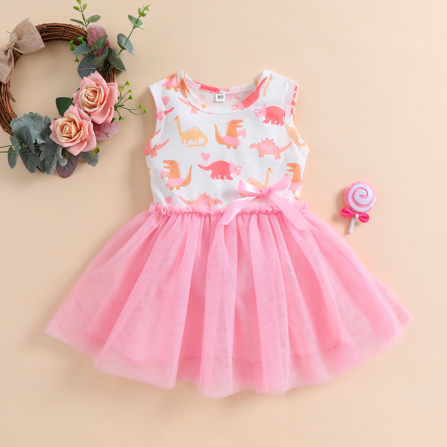Girls Dress Dinosaur Printed Mesh Bow