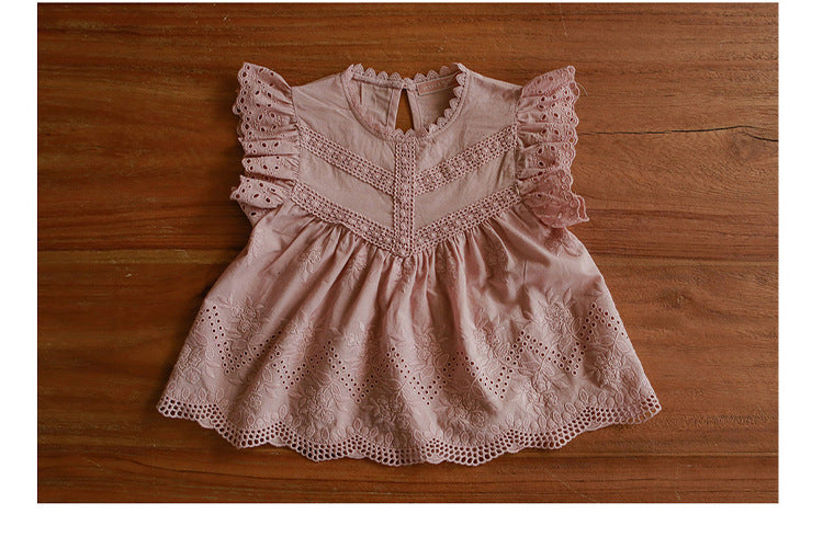 Girls Sleeveless Hollow Out Flounced Sleeve Strawberry Shan Top T-shirt
