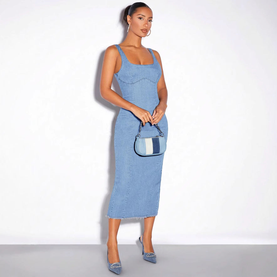 Summer Slimming Blue Denim Suspender Dress