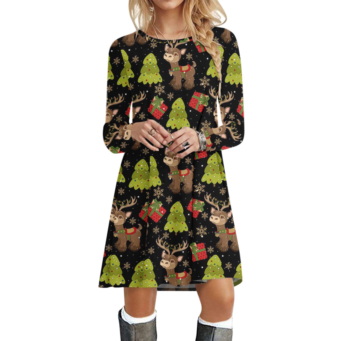 Casual Printed Christmas Crewneck Long Sleeve Dress
