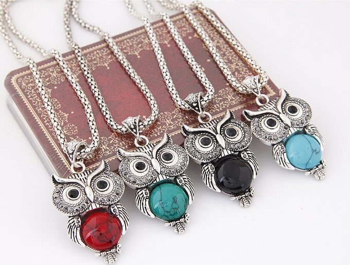 Turquoise Jewelry Set Vintage Imitation Thai Silver Owl Three-piece Set Chain