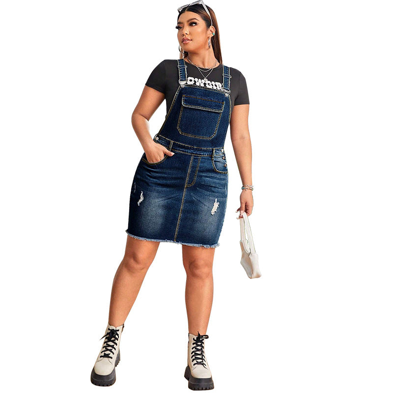 Fashionable Plus-Size Denim Suspender Dress For Women