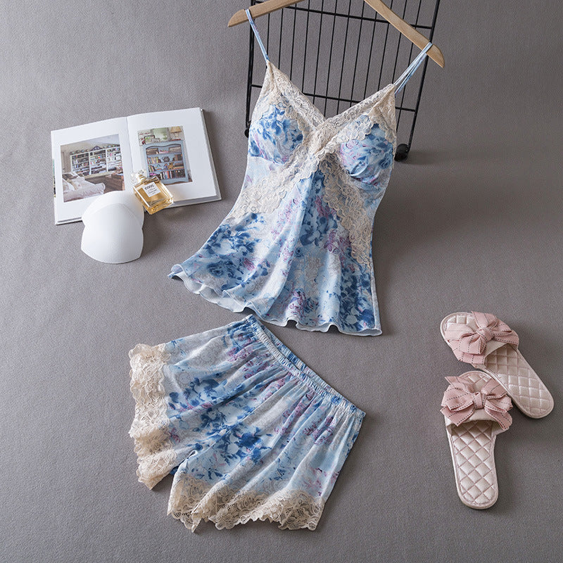 Summer Pajamas Women's Thin Ice Silk Slip Nightdress Lace Edge Printed Homewear With Chest Pad
