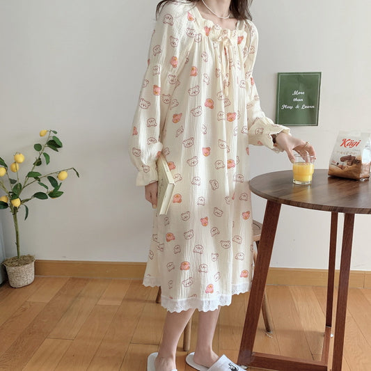 Cute Cartoon Bear Cotton Yarn Nightdress Women's Homewear