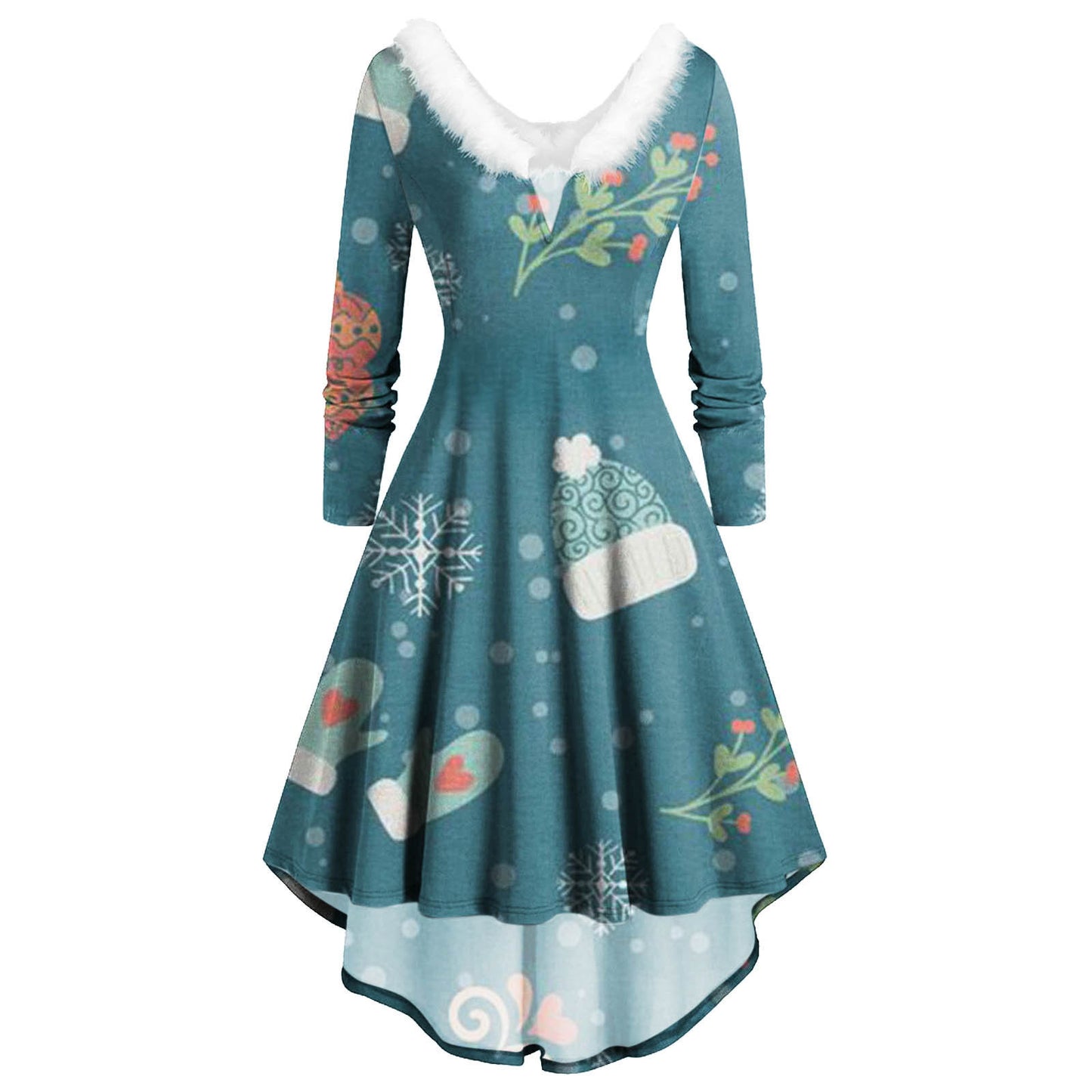 Ladies Christmas Long Sleeve Dress Printed Skirt Dress