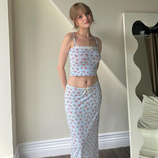 Floral Strap Tube Coat Skirt Suit