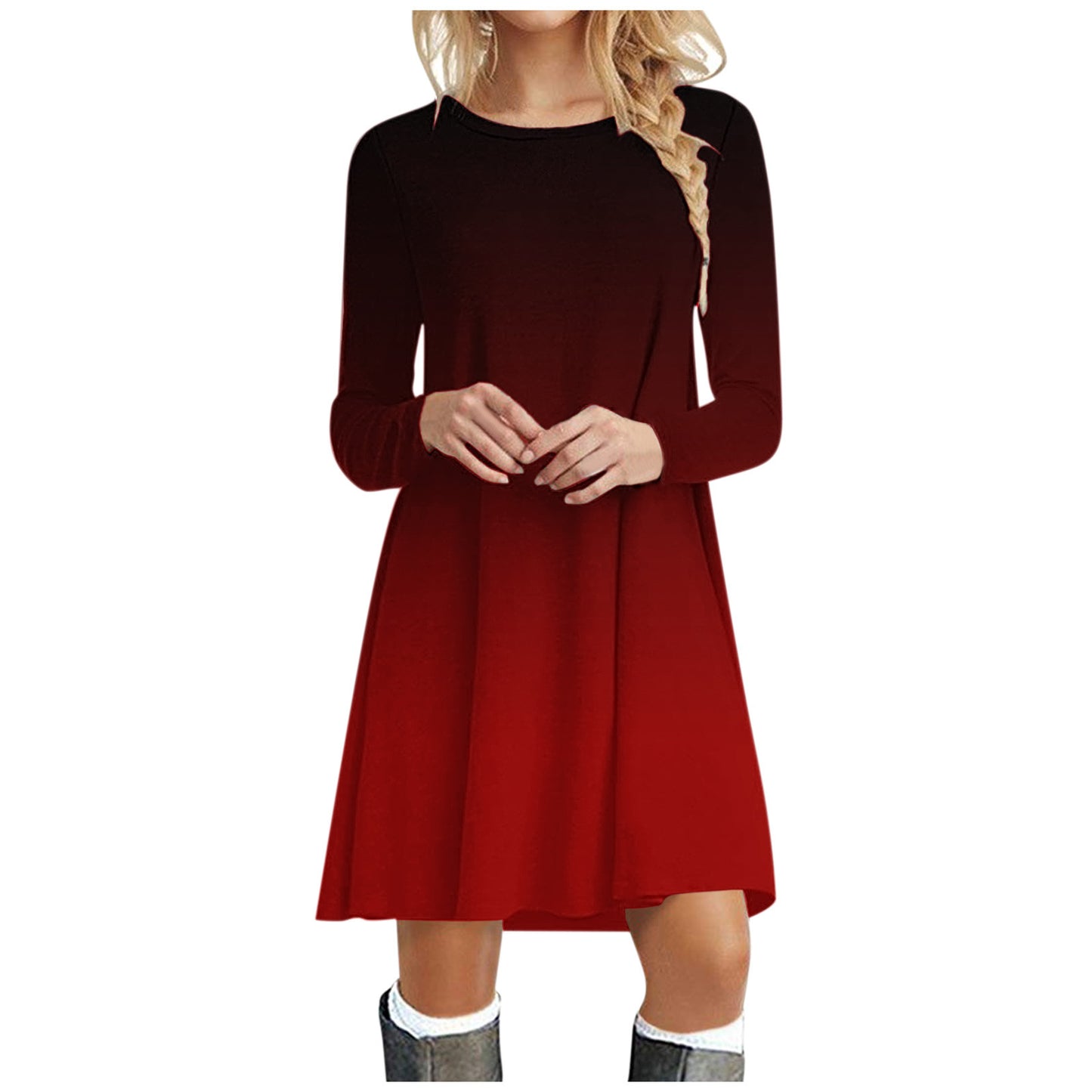 Casual Printed Christmas Crewneck Long Sleeve Dress