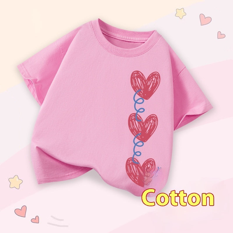 Western Style Top Middle And Big Children's Summer Wear Girls' Round Neck Sweet Style