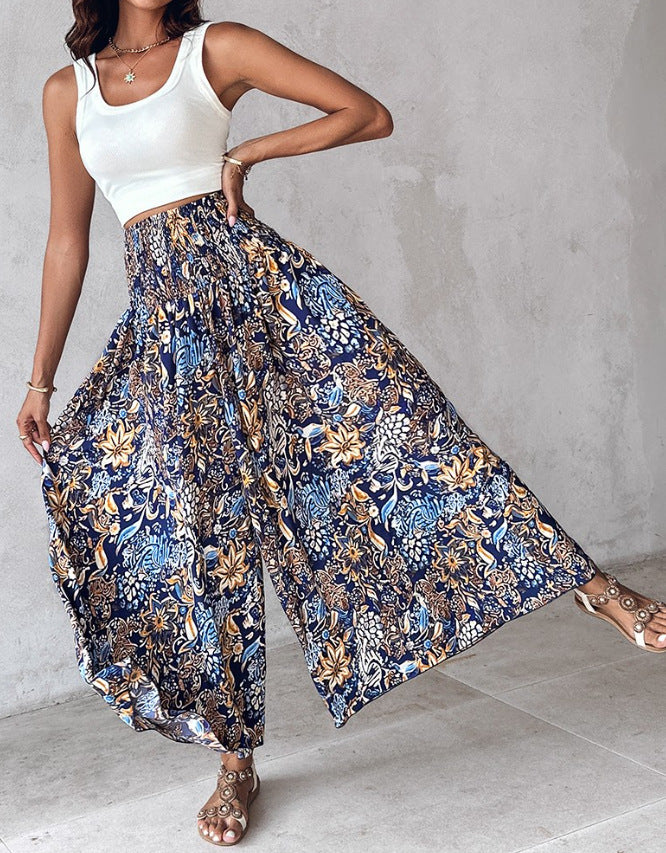 Women's Retro Floral Printed Waist-controlled Wide-leg Pants