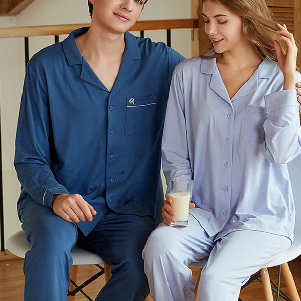 Couple Lapel Long Sleeve Knitted Modal Cotton Pajamas