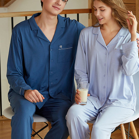 Couple Lapel Long Sleeve Knitted Modal Cotton Pajamas