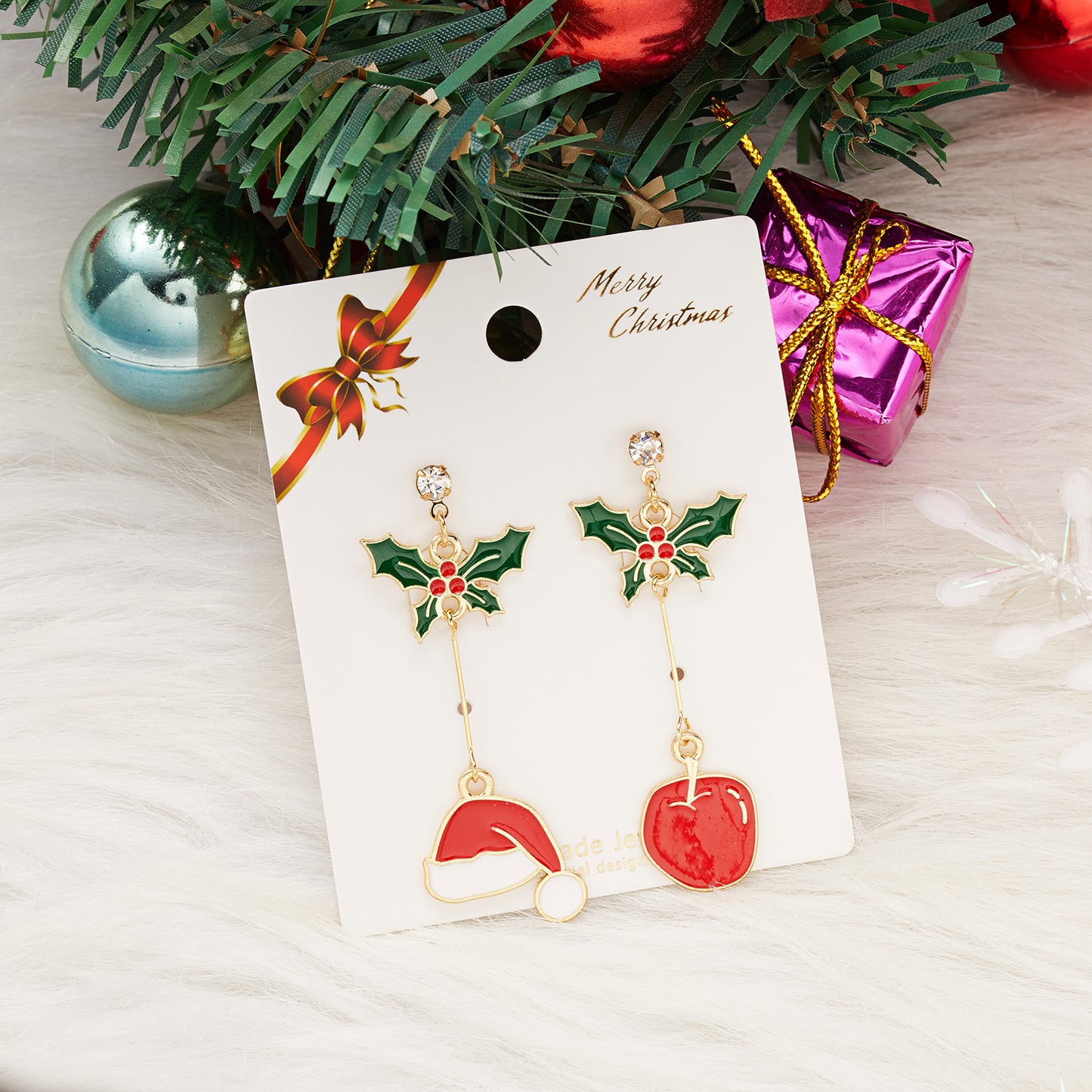 Christmas Bell Pentagonal Christmas Tree Cane Asymmetric Earrings