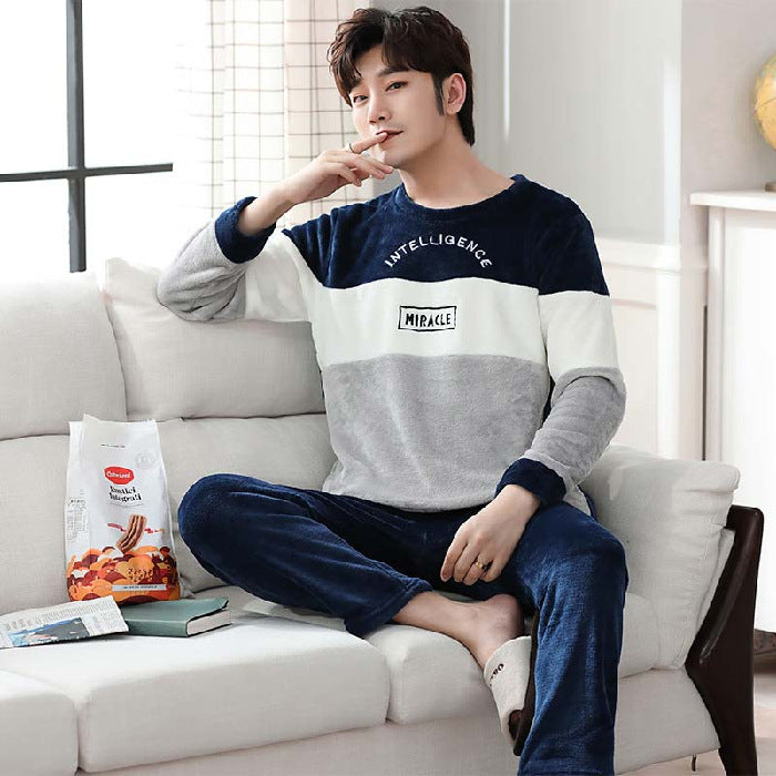 Flannel Pajamas Men's Autumn And Winter Warm Suit Youth Round Neck Fashion Casual Suitable For Daily Wear Homewear