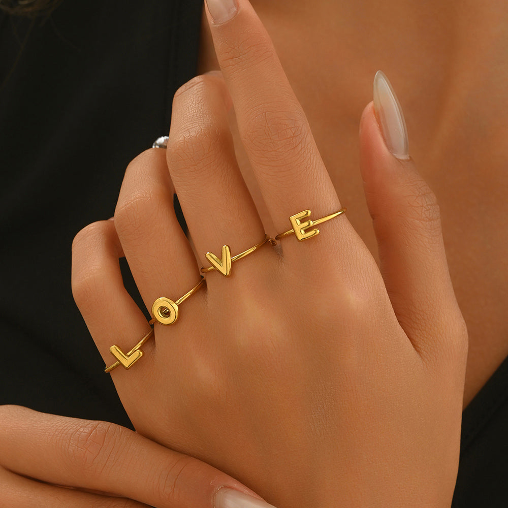 Lxalry 18K Gold Plated Stainless Steel Initial Ring For Women - Adjustable Minimalist Letter A-Z Rings, Personalized Gift Jewelry, Waterproof, Hypoallergenic, Tarnish-Free, Trendy Custom Statement Rin