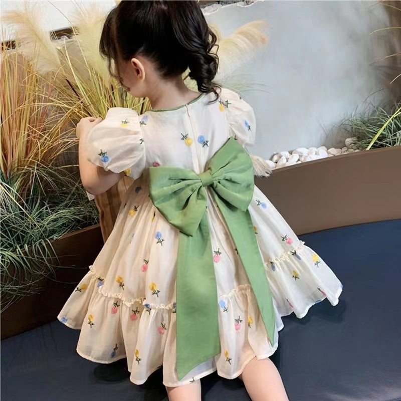 Girls' Bubble Sleeve Bow Floral Dress