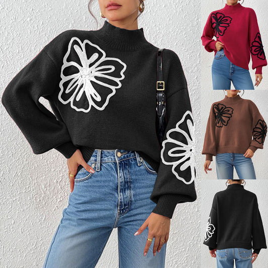 Women's Three-dimensional Ribbon Embroidery Flower Mock Neck Sweater