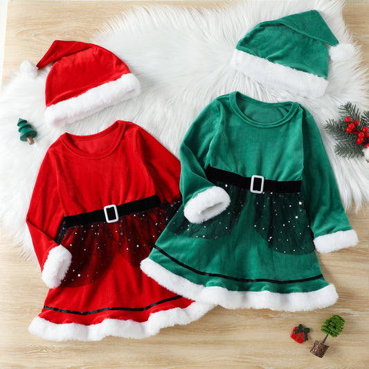 Girls' Christmas Long Sleeve Korean Velvet Dress