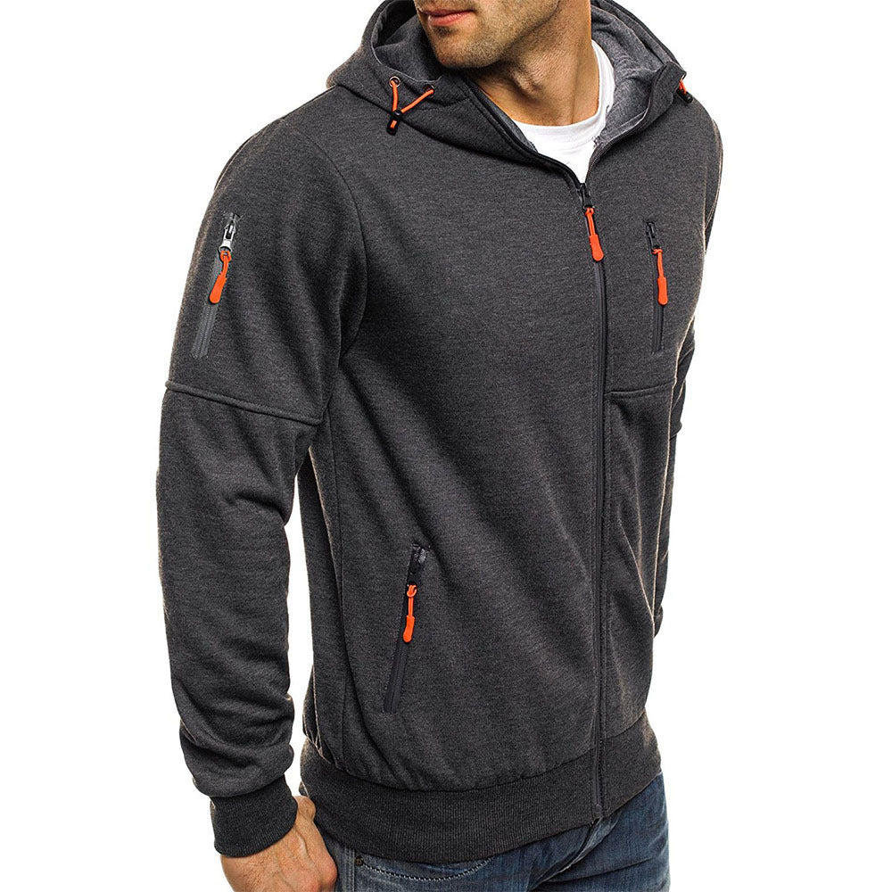 Men's Casual Zipper Hooded Sweater Solid Color Sports Fitness Jackets Cardigan